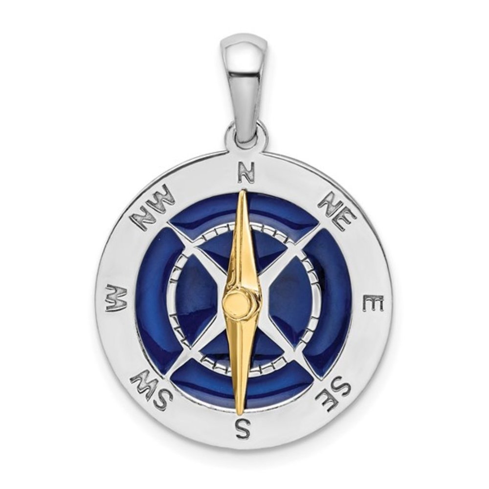 925 Sterling Silver Blue Enameled Compass Pendant with 14k Gold Moving Needle